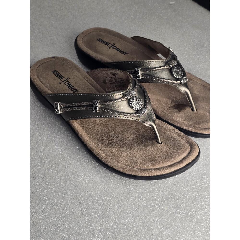 Minnetonka Silverbay Pewter Leather Sandals Size 9 SilverTone Beads Braided - Picture 2 of 7